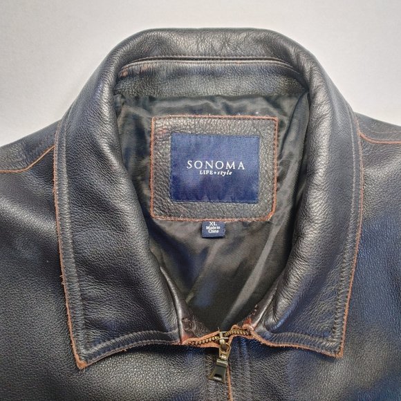 Sonoma Men’s Brown Heavy Leather Jacket Size XL Zip Front Collared Lined - Picture 4 of 13
